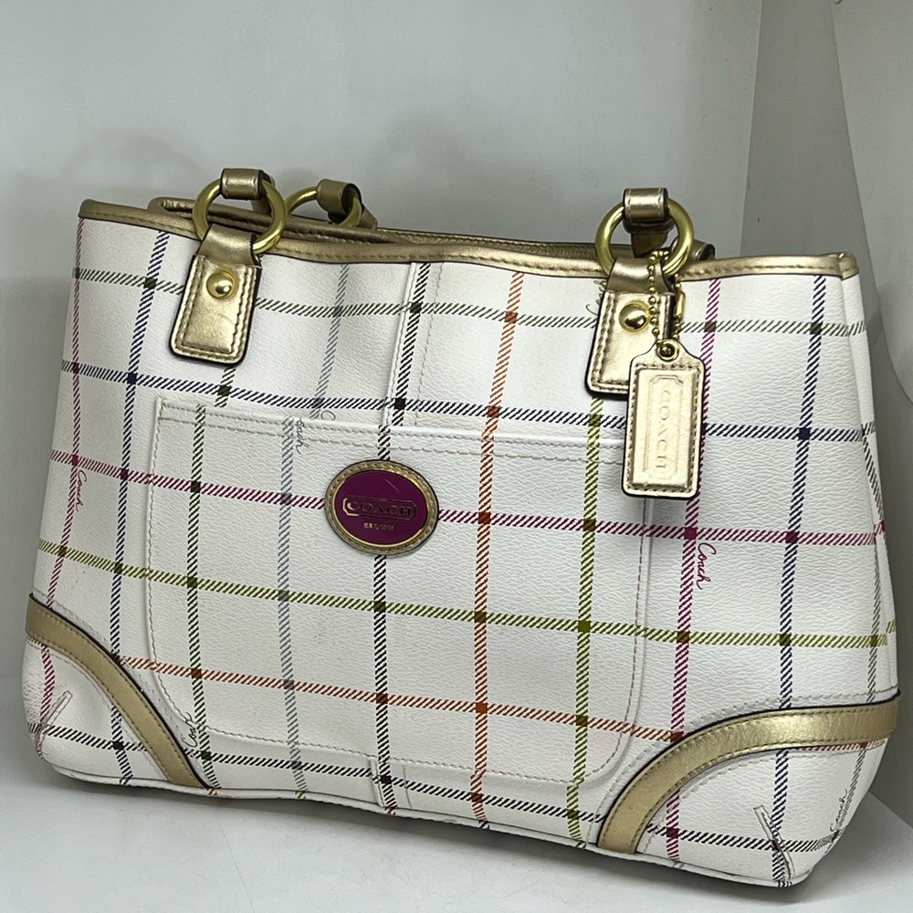 CoachF19176 Hampton Ivory Multi Tattersall Plaid PVC Canvas Tote